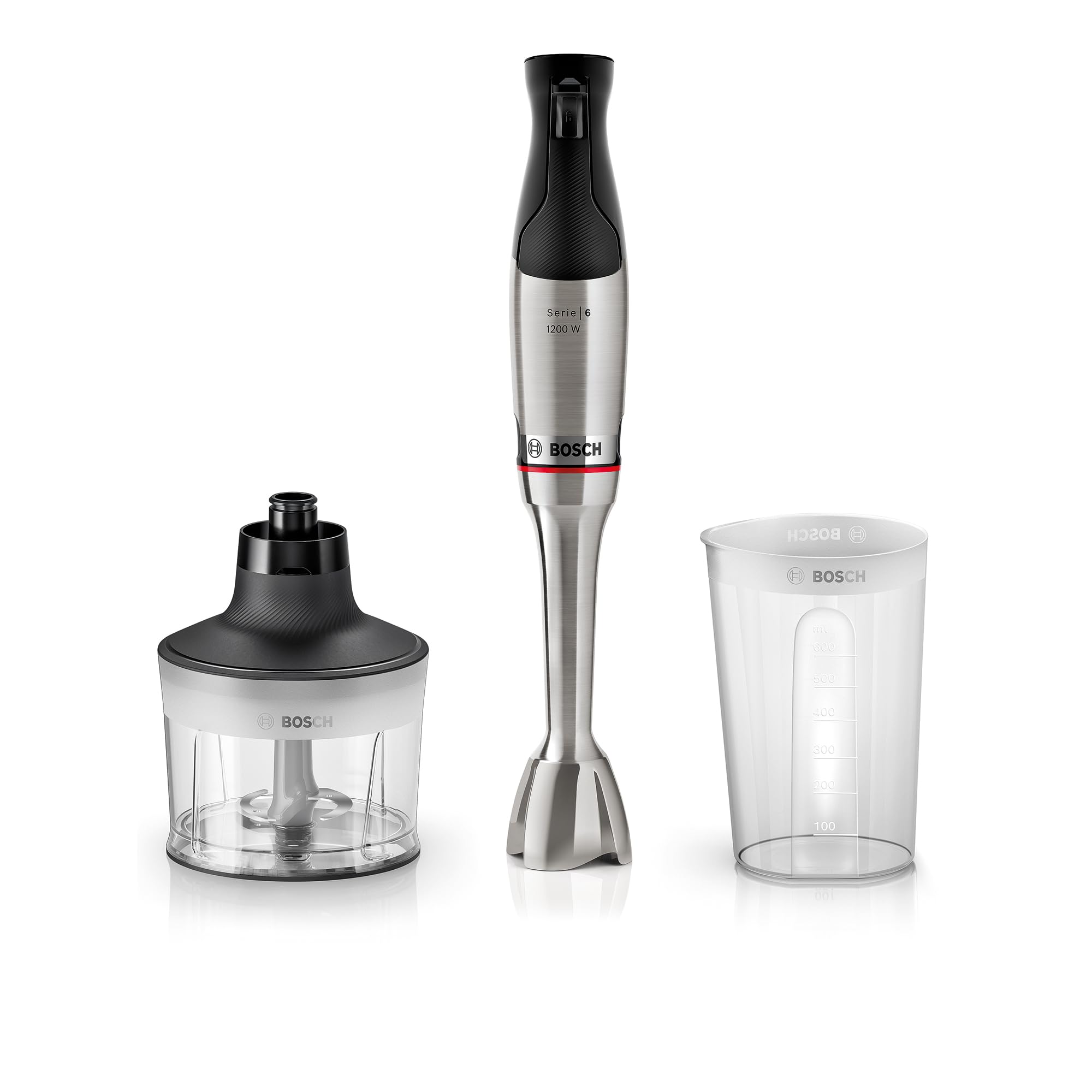 Bosch Stabmixer ErgoMaster Serie 6, Zerkleinerer, einhändig bedienbar, 4 Edelstahl-Klingen verschleißfreie Keramik-Kupplung, Luftkühlung, langlebig, Mixbecher, leistungsstark, 1200 W, MSM6M830