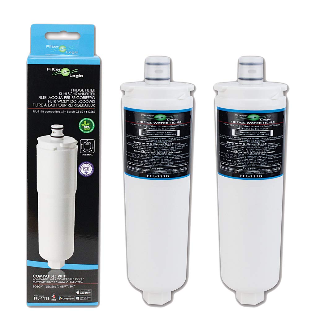 FilterLogic FFL-111B Fridge Water Filter Compatible With Bosch CS-52, 640565, Siemens, Neff, 3M Cuno, Abode AT2002 Safelock, AP1-C301-S, 70020025600; Indesit 8668597, C00094379, C00097913 (2 Pack)