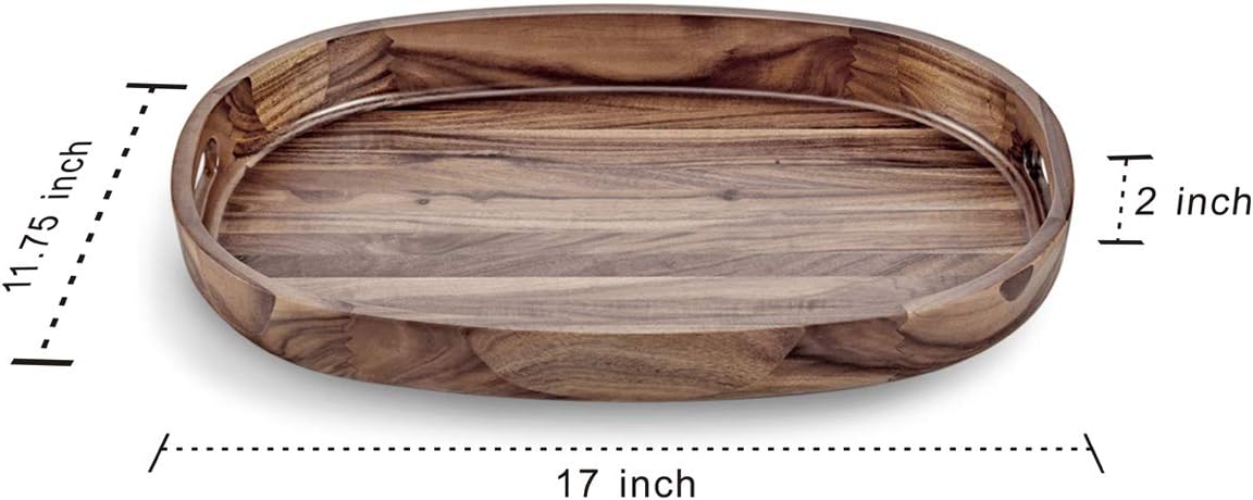 Wooden Serving Tray - Oval Acacia Wood Decorative Tray with Handles for Parties and Breakfast in Bed or on Ottomans - 17 x 11.75 x 2 Inches: Home & Kitchen