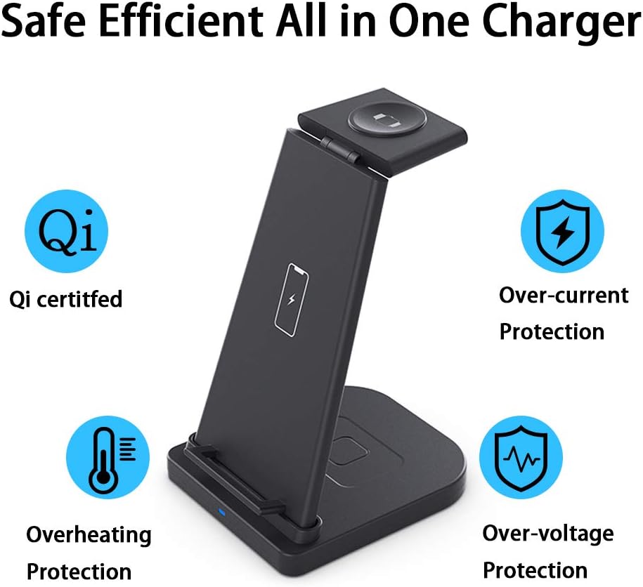 3 in 1 Wireless Charging Station, Phone Wireless Charger Stand Watch Charger Stand Compatible with iPhone 12 11 Pro Pro Max X XR XS 8 Samsung Galaxy S20+ S10 S9 iWatch 6/5/4/3/2 Airpods 2/Pro (Black)