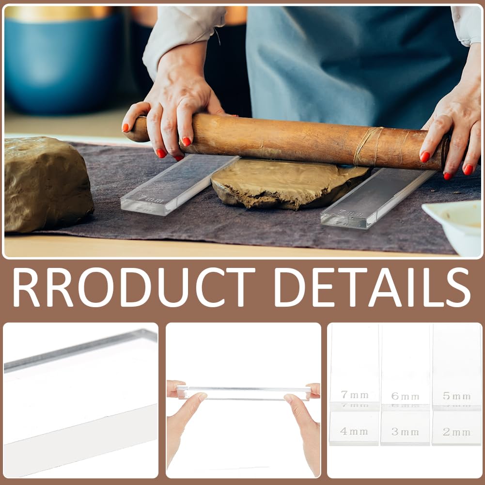 BENECREAT 12Pcs 6 Size Acrylic Polymer Clay Depth Guide Set, 2,3,4,5,6,7mmAdjustable Clay Rolling Pin Guide with Protective Film for Polymer Earrings, Roller Depth Guides