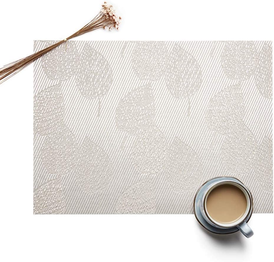 Guwheat Placemats Dining Room Table Mats Woven Vinyl Washable Durable Heat-Resistant Non-Skip Kitchen PVC Placemats โฆ (6, Silver Leaf)