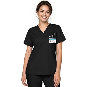 Scrub Top for Women, V-Neck Scrub Shirt, Quick-Dry, Easy Care for Nurses | Chest Pocket & Pen Slot, Side Slit, Breathable & L