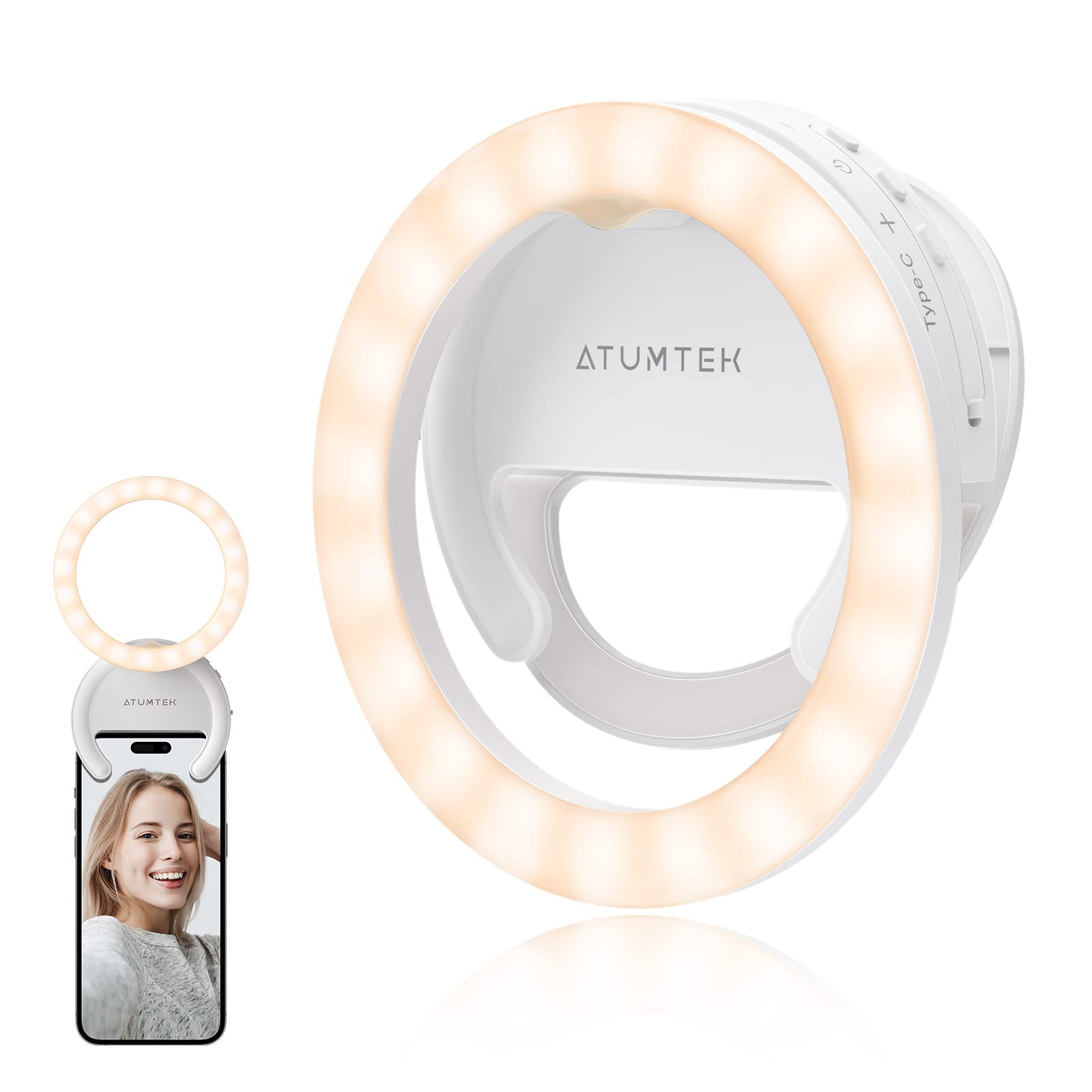 ATUMTEK LEDリングライト クリップ式 10cm 自撮り オンライン会議 撮影 配信 スマホ/タブレット取付 3色調整 5段階調光 コンパクト USB充電式 180度回転可能 明るい ホワイト の商品画像