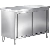 Jocisland 48-Inch Stainless Steel Work Table with Cabinet | 48 x 24 x 34 In, Food-Grade Stainless Steel, Sliding Doors, Enclosed Storage, for Home, Restaurant, Garage and Hotel