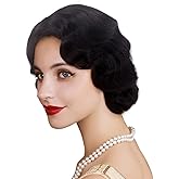 REEWES Long 1920s Wig Finger Wave Wig Curly Short Wig Vintage Wigs for Women Lady Synthetic Heat Resistant Full Wigs Cosplay Costume Fancy Dress With Wig Cap (Black)