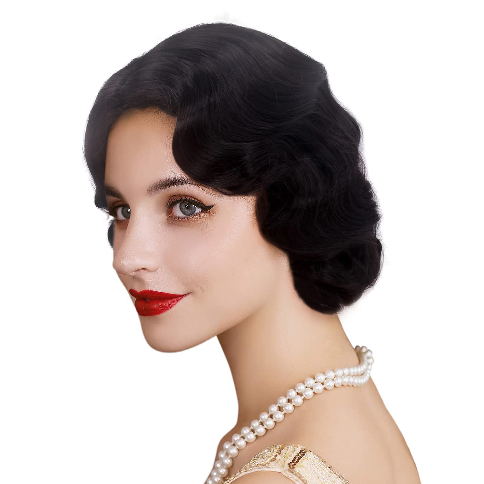 REEWES Short 1920s Finger Wave Wig - Curly Vintage Synthetic Full Wig for Women - Cosplay Costume Fancy Dress Flapper (Black)