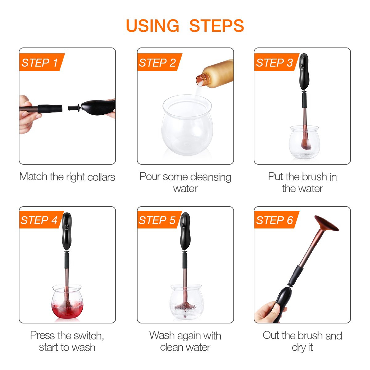 Makeup Brush Cleaner, Electric Makeup Brush Cleaner and Dryer for All Size Makeup Brushes with 8 Different Rubber Collars, Clean and Dry in Seconds (Black)