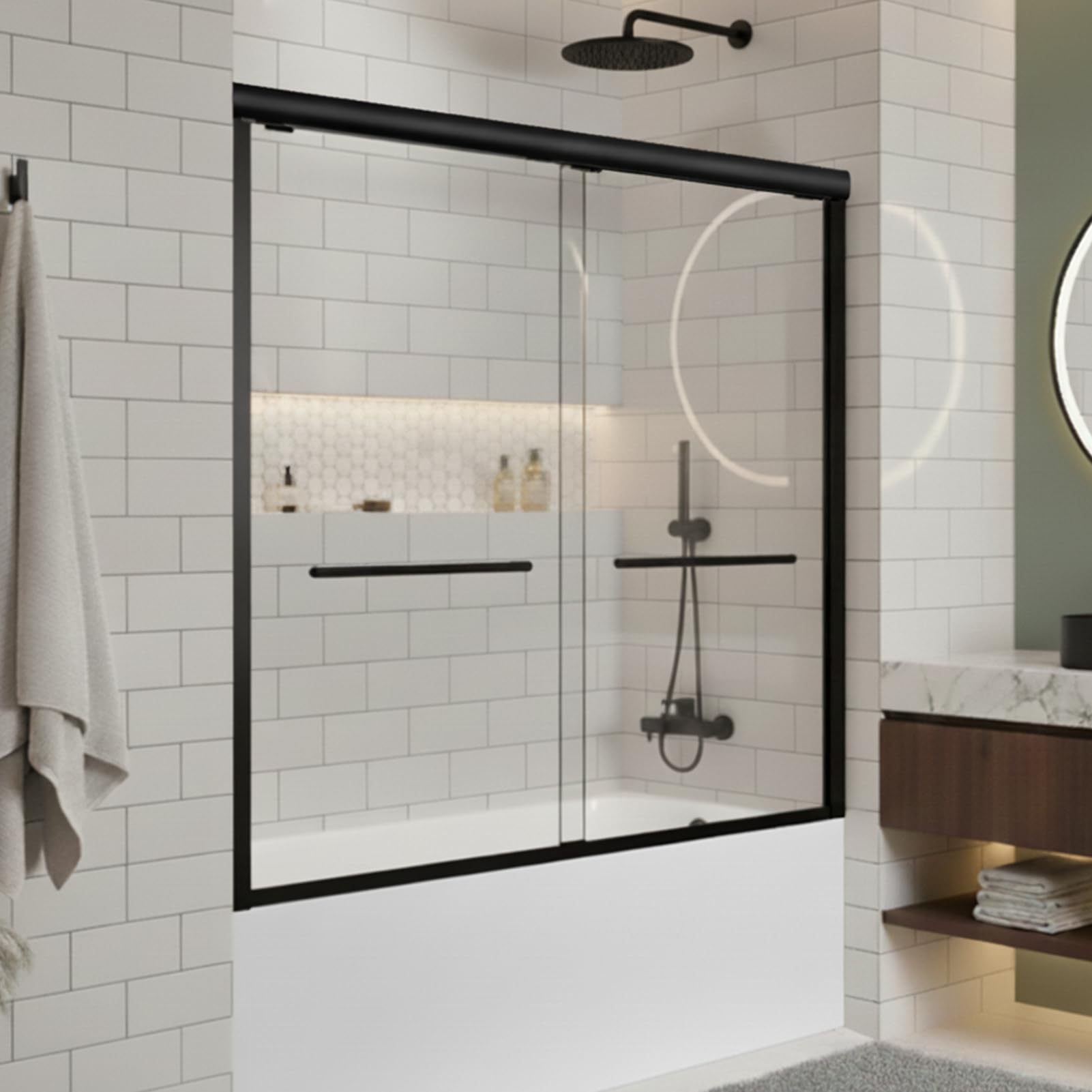 Photo 1 of Sliding Bathtub Shower Door, 56-60" W x 57" H Glass Shower Door, Matte Black Aluminum Frame with Stainless Steel Towel Bar