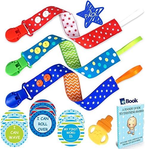 Premium Pacifier Clip Boy 3Pk Bundle - Bonus 12 Milestone Stickers, Silicone Soothie Teether &amp; Teething eBook - 2 Sided Binky Holder - Fits Mam, Nuk, Tommee Tippee, Bibs &amp; Toys - Best Baby Shower Gift
