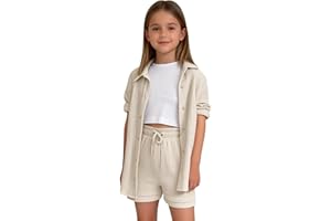 Girls Linen Sets Summer 2 Piece Outfit Breathable Button Down Shirt Baggy Wide Leg Shorts Teens Casual Cotton Linen Set