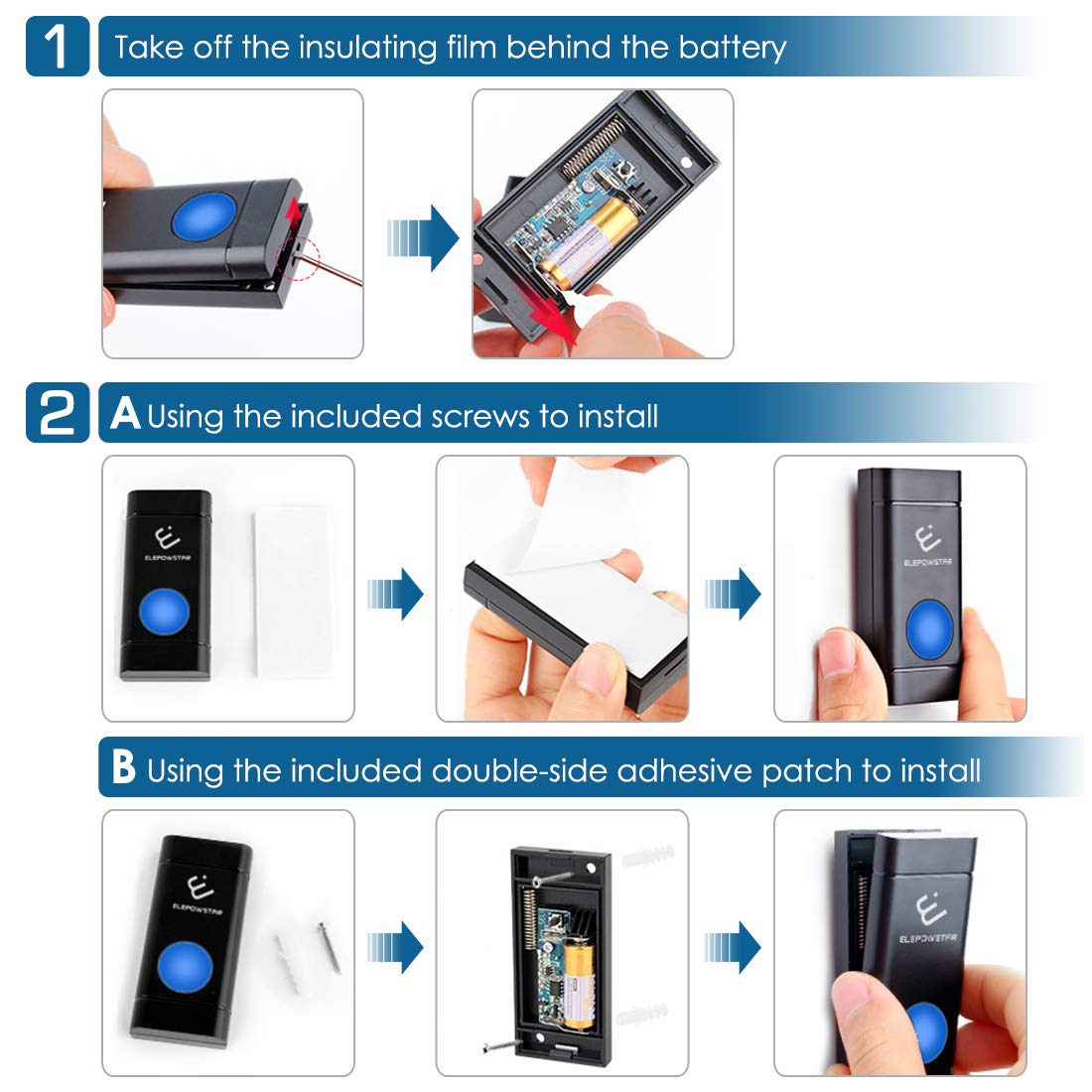 Waterproof Wireless Doorbell kit, ELEPOWSTAR Door Bell Alarm with 1000 feet Operating Range, Door Chime Alarm with 4 Volume Levels, 52 Melodies Chimes, Black (2 Buttons + 3 Plugin Receivers)