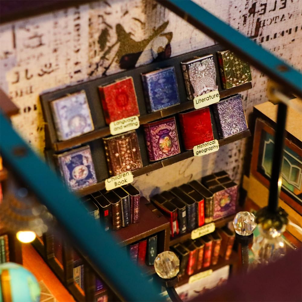 DIY Book Nook Kit, DIY Dollhouse Booknook, 3D Wooden Puzzle Bookends, Book Nook Miniature Kits with LED Light for Adults(M2314)