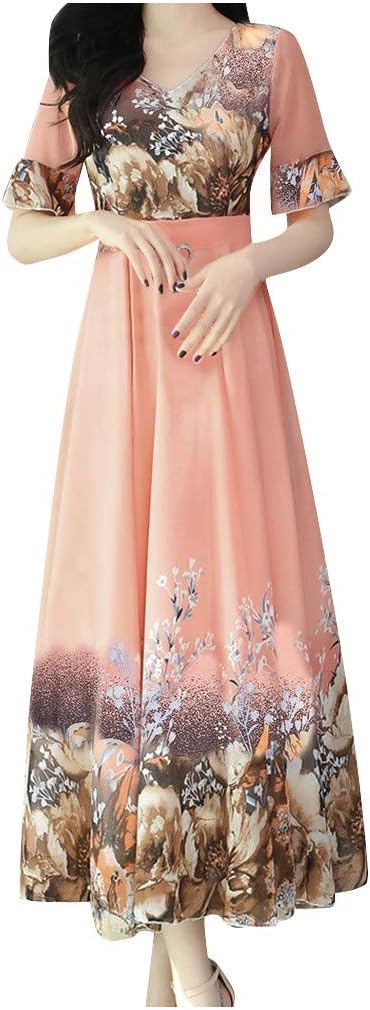Women Muslim Kaftan Abaya Dress Elegant Floral Printing Summer Casual Flowy Long Maxi Party Cocktail Dresses Pink