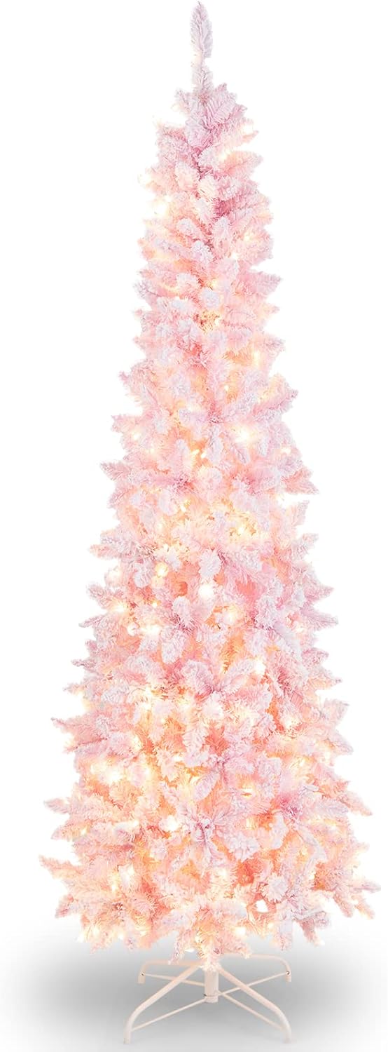 Trees - Goplus 7ft Pink Pre-Lit Pencil Christmas Tree, Snow Flocked Artificial Slim Tree with 800 Branch Tips, 300 LED Lights, 8 Lighting Modes, Life-Like Hinged Xmas Tree for Indoor Home Office Holiday Decor