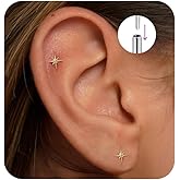 Flat Back Stud Cartilage Tragus Helix Nose Piercing Earrings Jewelry For Women Conch Threadless 18G Titanium Surgical Steel Hypoallergenic 14K Gold plated CZ Silver Small Tiny Studs