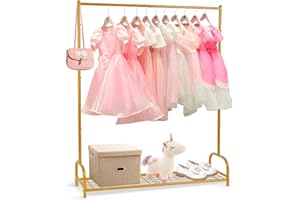 AUPSEN Kids Clothing Rack with Bottom Storage Shelf, Metal Toddler Dress Up Rack for Little Girls, Kids Dress Up Clothes Storage for Coats, Skirts, Dance Costume（Gold）