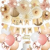 Champagne Gold Beige Fall Boho Birthday Decorations for Women Girls Beige and Pink Birthday Decorations Neutral Blush Dusty Pink Balloons Happy Birthday Banner Tissue Paper Pom Poms Fans Lanterns