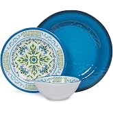 Melamine Dinnerware Set for 4, 12-Piece Outdoor Dinnerware, Blue Floral | Melamine Plates and Bowls, BPA-Free, Lightweight and Dishwasher Safe for Camping, Picnics, Patios and RVs