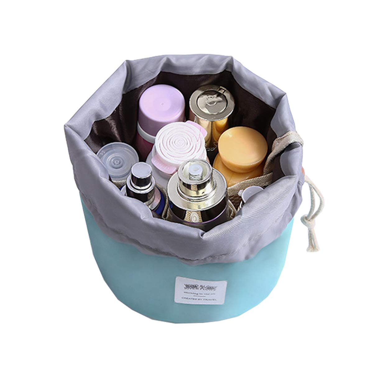 Makeup Organizer Travel Bag + PVC transparent brush bag Small Pouch Barrel Shaped Cosmetic Bag Large Capacity Pouch Round Drawstring Toiletry Organizer Bag (Green)
