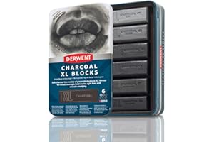 Derwent Charcoal XL Blocks 6 Tin, Set of 6, 60mm Extra-Large Block, Naturally Water-soluble, Ideal for Sketching, Drawing and Expressive Mark Making, Professional Quality (2306196)