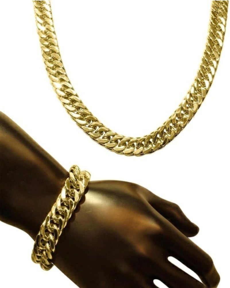 Skyjewelry Mens Thick Tight Link 18k Yellow Gold Plated Finish Miami Cuban Link Chain and Bracelet Set