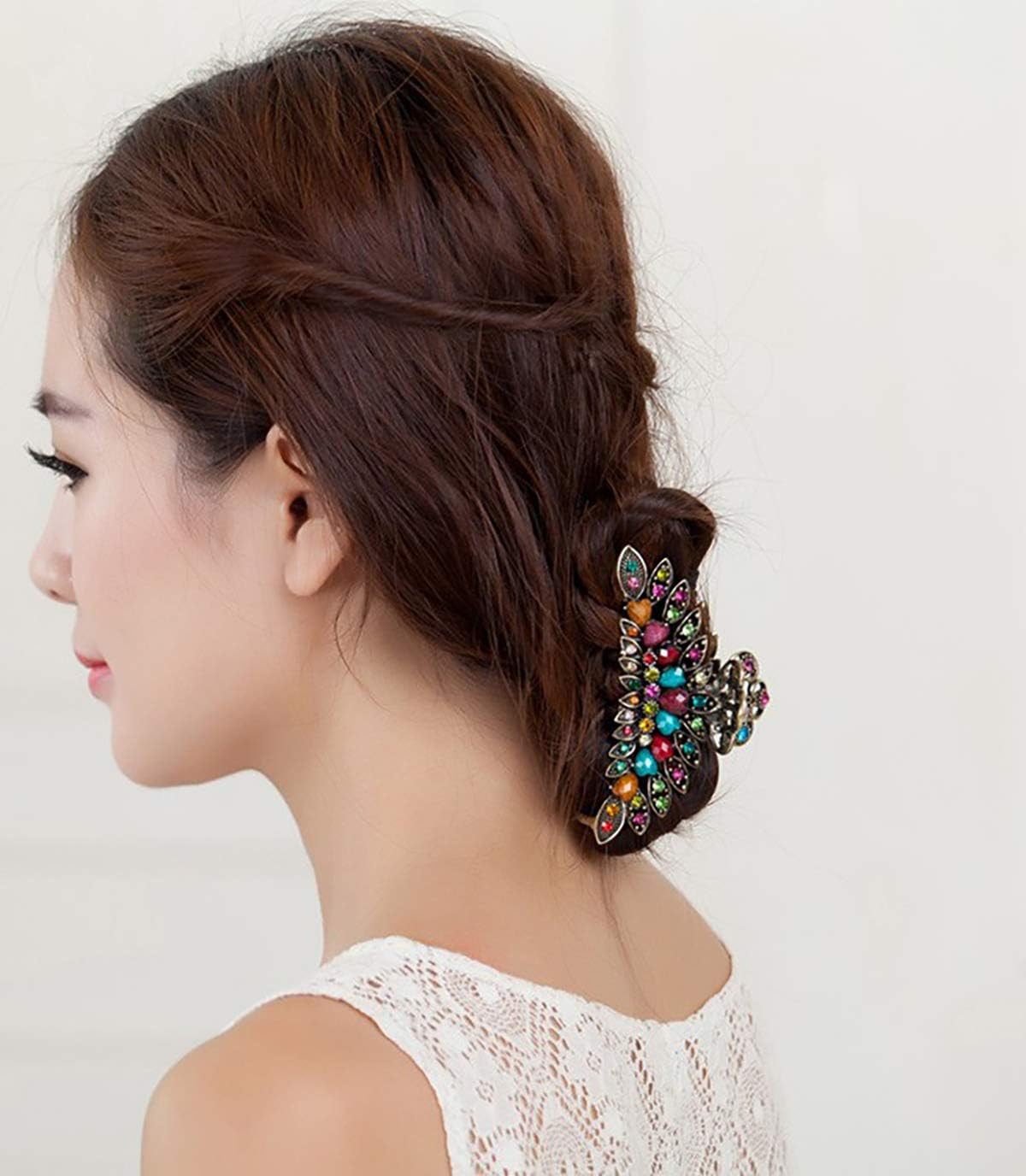 Fodattm Girls Women Lady Retro Flowers Hair Claw Clip Vintage Alloy Rhinestone Non-Slip Hair Jaw Clips Hairpin Large Hair Updo Grip Bath Accessories for Thick Hair Fancy Hair Clamp (Colourful) - Image 4