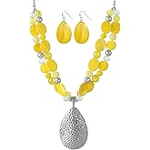 Gold/Silver 20''+3'' Teardrop Pendant Statement Necklace for women Trendy Colorful Crystal Shell Beaded Gemstone Necklaces and Earrings Set Womens Layered Boho Chunky Necklaces and Dainty Teardrop Earrings Jewelry Gifts