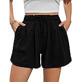 Flygo Flowy Shorts for Women Summer Casual High Waisted Wide Leg Drawstring Shorts with Pockets(Black-L)