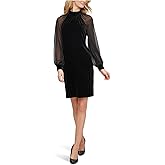 Calvin Klein Women's Long Chiffon Balloon Sleeve Mock Neck Shift Mini Dress