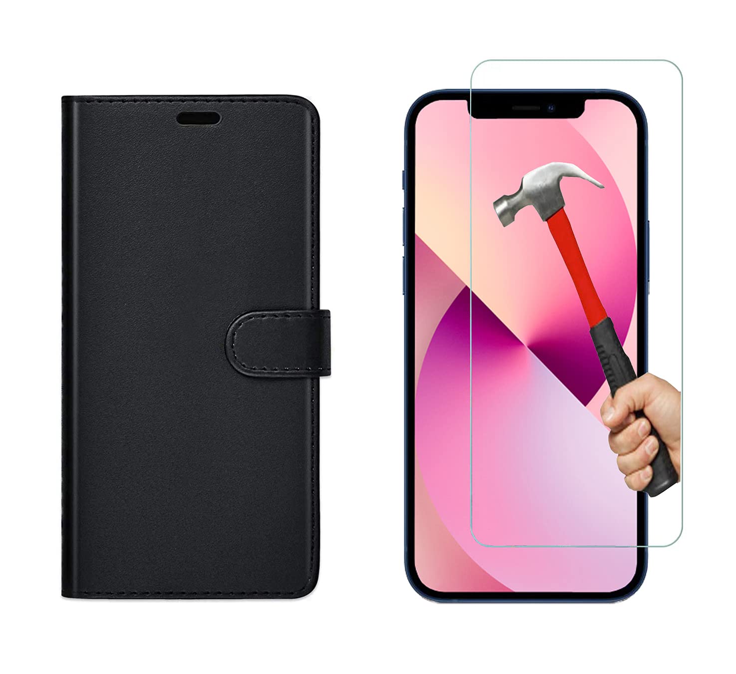 KP TECHNOLOGY iPhone 13 Mini Case, iPhone 13 Mini Leather Case, iPhone 13 Mini Book Flip Leather Wallet Cover with Tempered Glass Screen Protector for iPhone 13 Mini (BLACK)