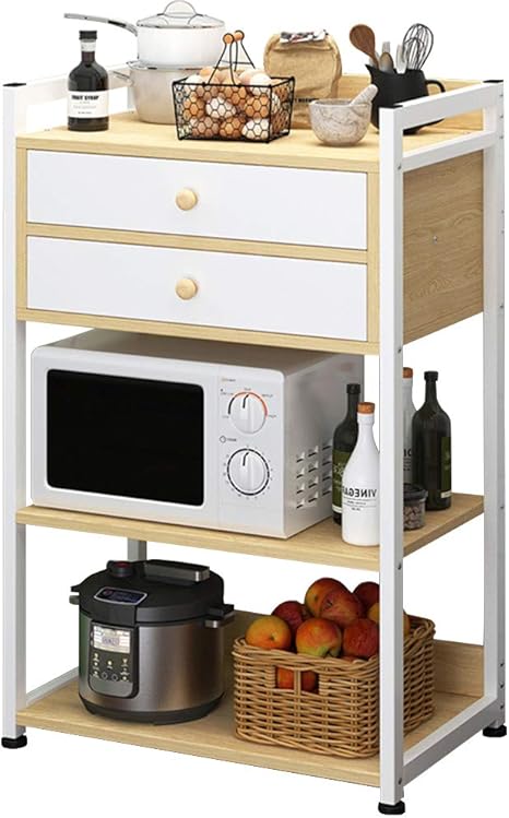 Amazon 3層 自立 キッチンベイカーズラック ユーティリティ キッチン 収納棚 金属 電子レンジスタンド と 引き出し 調整可能 滑り止めの足 そして 2つの S フック 香味料入れ スパイス 鍋 フライパン用 キッチン収納 オンライン通販