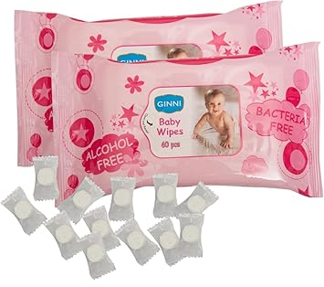 GINNI Baby 60 Wipes Set of 2 and Coin Tissue Candy Pack of 50 Pieces (White)