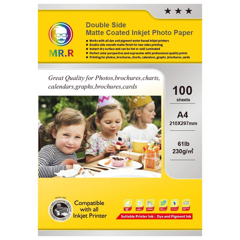 MR.R Double Side Matte Inkjet Photo Paper 230gsm A4 210 x 297mm Inkjet Photography Printing Pack of 100 Sheets