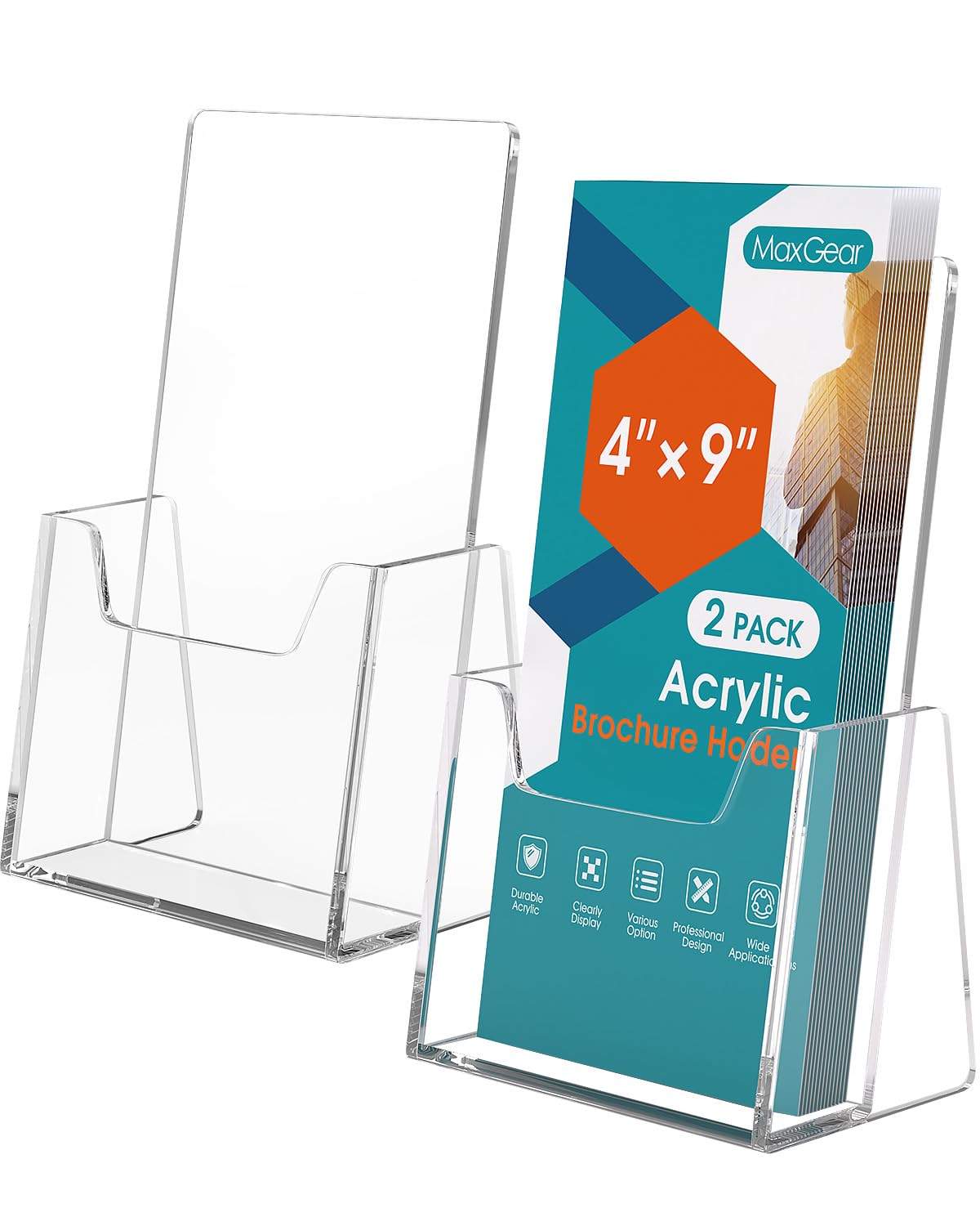 Photo 1 of MaxGear Brochure Holder 2 Pack, 4 Inches Wide Acrylic Display Stand Clear Pamphlet Holder Flyer Holder Rack Card Holder Countertop/Desk Organizer for Trifold, Booklet, Literature, Magazine