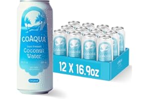 CoAqua Organic Coconut Water, 12 Pack, Natural Electrolytes for Hydration, Naturally Sweet Electrolyte Drink Potassium, Pure Coconut Water Not from Concentrate, Fat Free, Low Sugar, 16.9 Fl Oz Cans