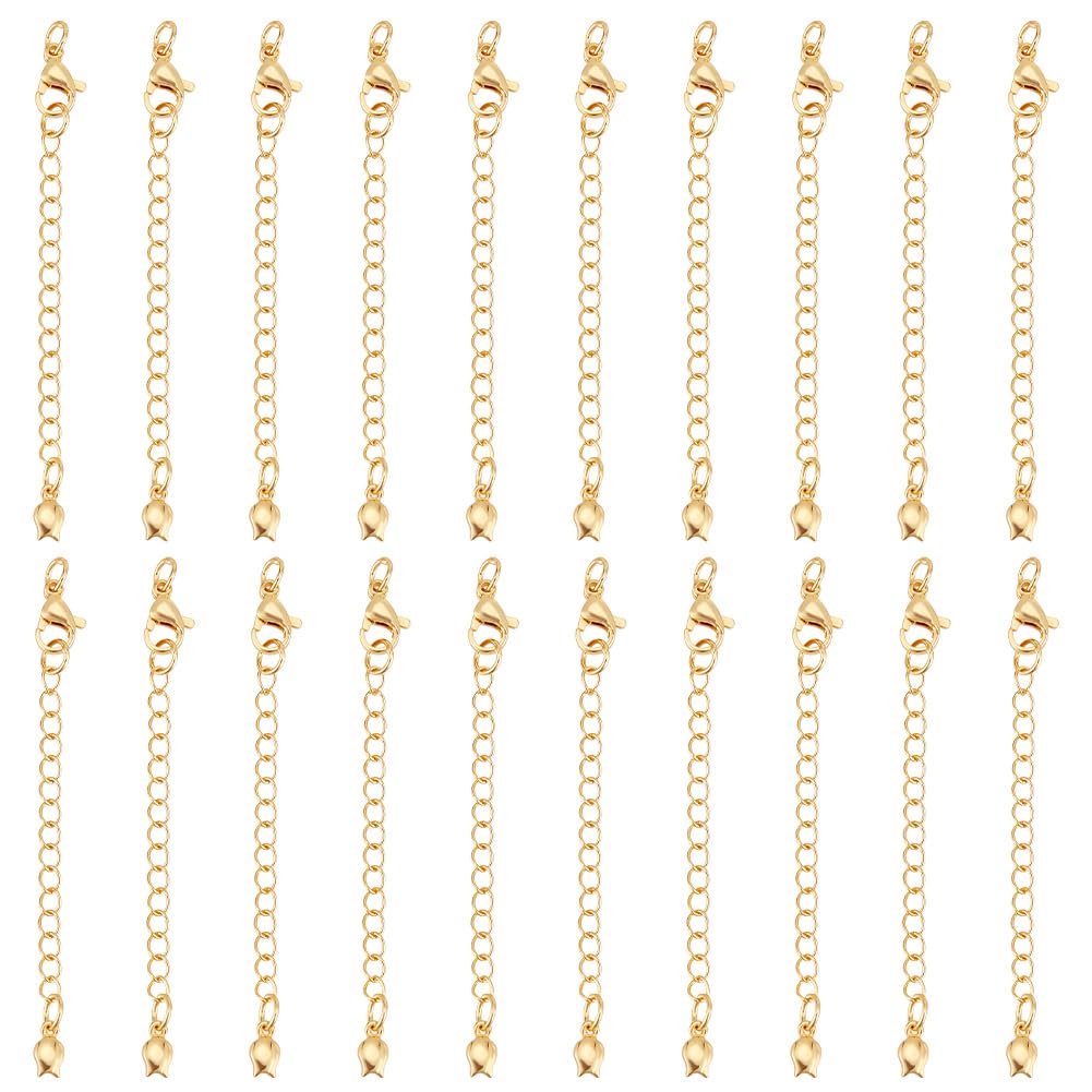 Beebeecraft 20Pcs Necklace Extenders 14K Gold Plated 70mm Extender Chain End Chains with Lobster Claw Clasps and Flower Chain Tabs for Jewelry Making