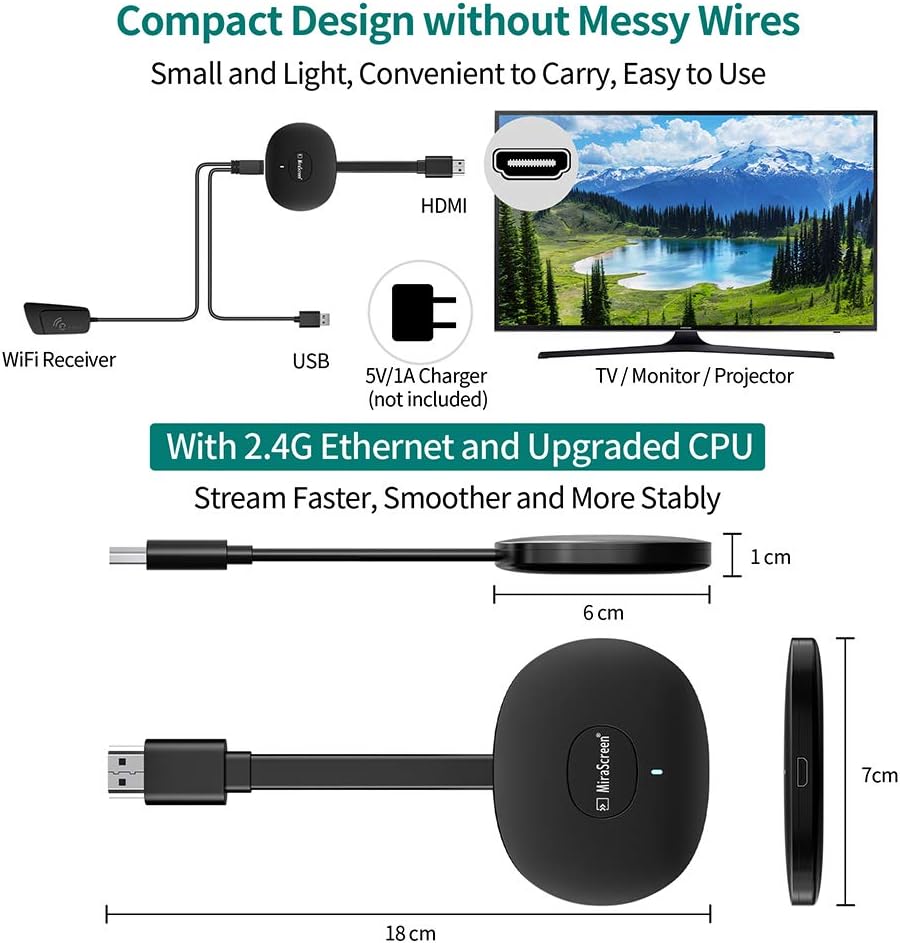 MPIO Wireless HDMI Display Dongle Adapter, 4K Wi-Fi Streaming Video Receiver for iPhone/iPad/Android/iOS/Windows/PC to HD TV/Monitor/Projector,Wi-Fi Display Adapter Support Miracast Airplay DLNA: Electronics