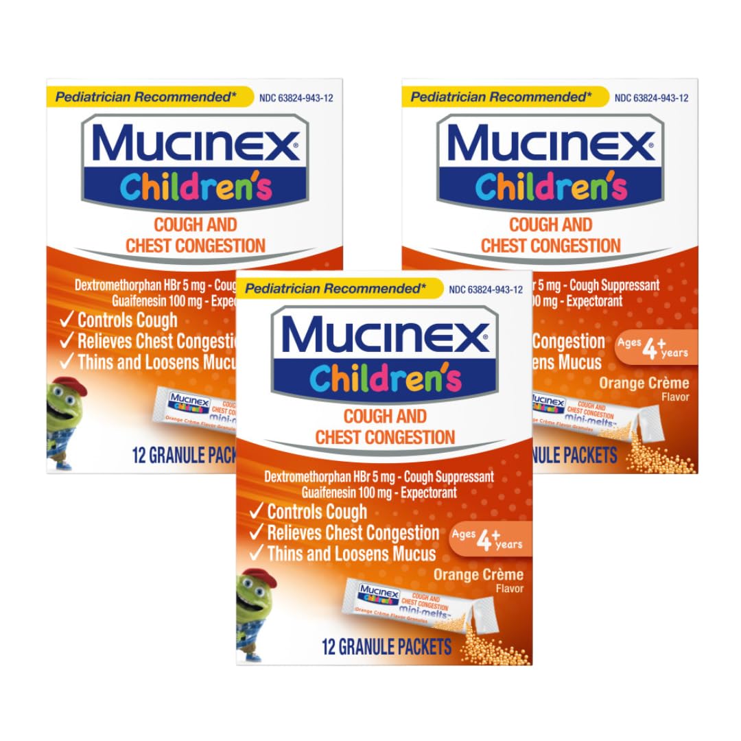 Mucinex Children's Chest Congestion Expectorant and Cough Suppressant Mini-Melts, Orange (Packaging May Vary) (Pack of 3)