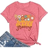 Retro Stay Groovy Shirt Women Floral Graphic Tee Hippie Vintage 70s Disco Peace Casual Short Sleeve Top