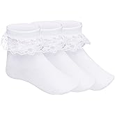 Pistha 3 Pairs Girls Ruffle Socks White Ruffled Lace Socks | Cute Cotton Girls Socks for Girls Toddler Frilly Dress Princess and School Uniforms