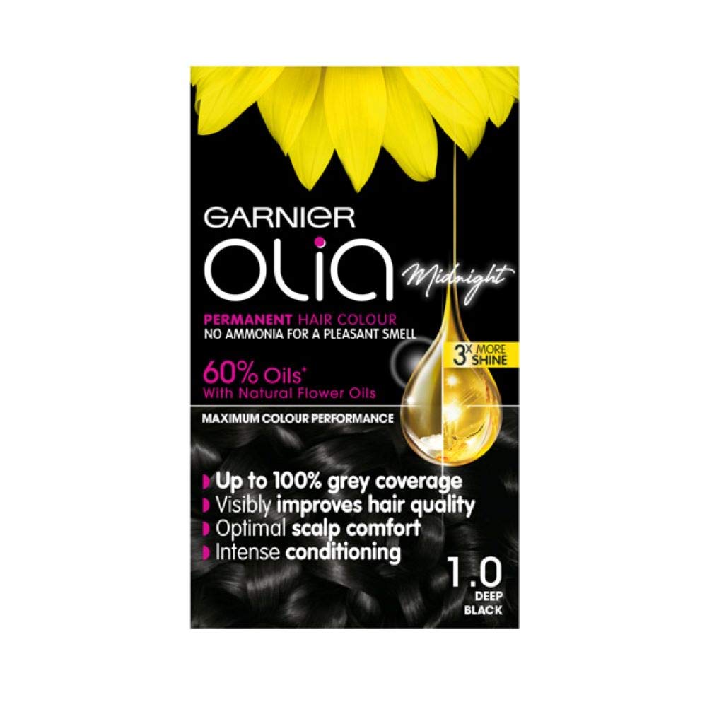 Garnier Olia Permanent Hair Dye, No Ammonia, Full Grey Coverage, Long-lasting Colour & Shine, Vegan Formula, Colour: 1.0 Deep Black, 230g โ image 1