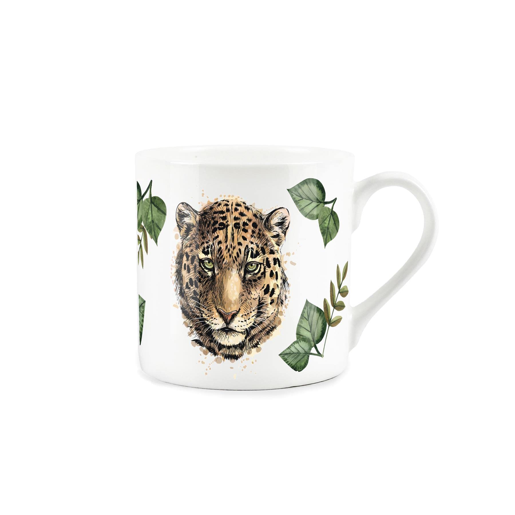 Purely Home Large Leopard Faces & Exotic Jungle Leaves - Fine Bone China White Mug Coffee/Tea Present Gift for Animal Lovers