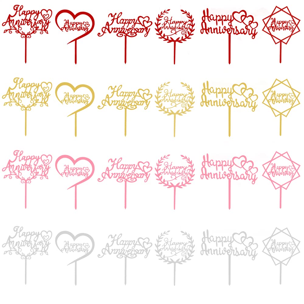 Photo 1 of 24Pcs Happy Anniversary Cake Topper Multicolour Acrylic Wedding Anniversary Cake Topper for Wedding Retirement Anniversary Celeration Party Decorations
