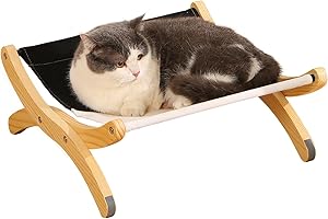 JAWNLITY Cat Bed for Indoor Cats, Solid Wood Raised Pet Hammock with Washable Canvas Cover, Adjustable Cat Sleeping Perch Holding 40 lb