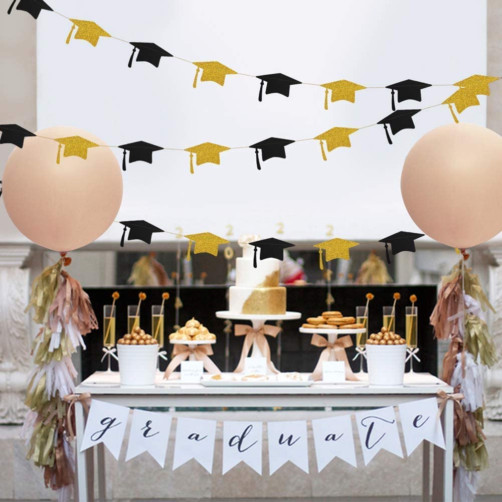 Decor365 Graduation Cap Garland and Magnet Photo Clip String Kit for Congrats Grad Party Decorations Centerpiece Gold Black Hanging Hat Cutouts Photo Display for Graduation Party Supplies 2019