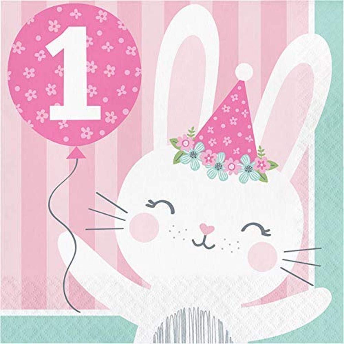 Pink Bunny 1st Birthday 2-Ply Lunch Paper Napkins - 16 Pcs