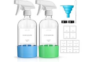 GIVAMEIHF 2 Pack Glass Spray Bottles with Silicone Sleeve,16oz Clear Glass Spray Bottles Refillable Empty Bottle with Adjustable Nozzle,Spray Bottle for Essential Oils,Cleaning Solutions,Pets,Hair