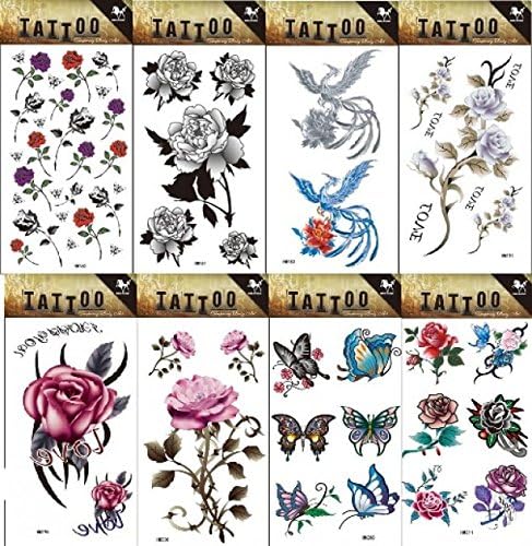 GGSELL GGSELL 8pcs different temporary tattoos designs in one package, it including colorful butterflies,flowers,roses and phoenix tattoo stickers