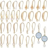 PLIGREAT 28 Pcs 14K Gold Plated Cubic Zirconia Earring Hooks, Ear Wire Fish Hooks with Loop Rhinestone Earrings for DIY Dangle Earring Jewelry Making